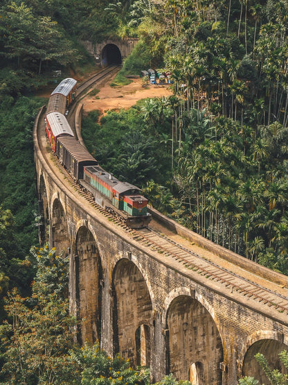 Un train circule le long du pont voûté en pierre aux neuf arches au Sri Lanka, un chef-d'œuvre d'ingénierie entouré d'une forêt verdoyante. Le train entre dans un tunnel en arrière-plan, avec un groupe de personnes debout à proximité au sol, observant la scène. Cette scène évocatrice est magnifiquement capturée dans "Un billet pour le passé" (Sri Lanka) de Fine Art Shots.