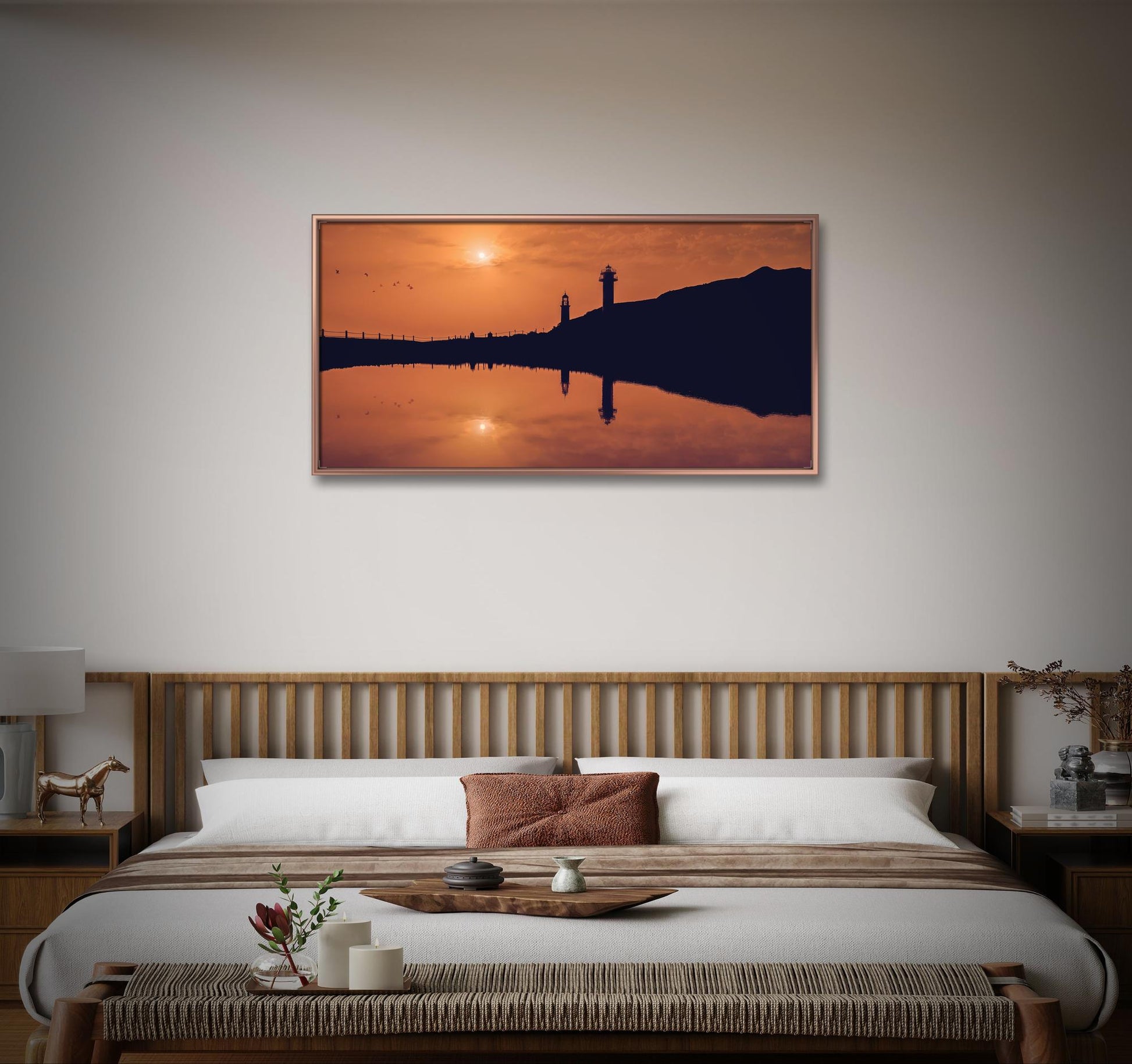 Une chambre sereine comprend un lit en bois avec des oreillers blancs et marron, une table de nuit assortie et une photo murale de "Un mercredi soir sur la terre" (Îles Canaries) de Fine Art Shots. Le décor terreux accentue l'espace minimaliste.