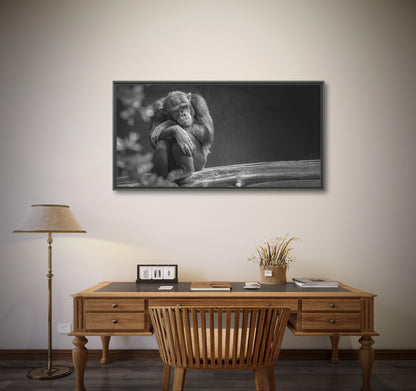 Une configuration de bureau à domicile comprend un bureau en bois avec une chaise assortie. Sur le bureau se trouvent une lampe de table, des petites plantes en pot et de la papeterie. Au mur au-dessus du bureau est accrochée "Mélancolie" (Belgique) de Fine Art Shots, un tirage photo en noir et blanc d'un chimpanzé assis pensif sur une bûche.