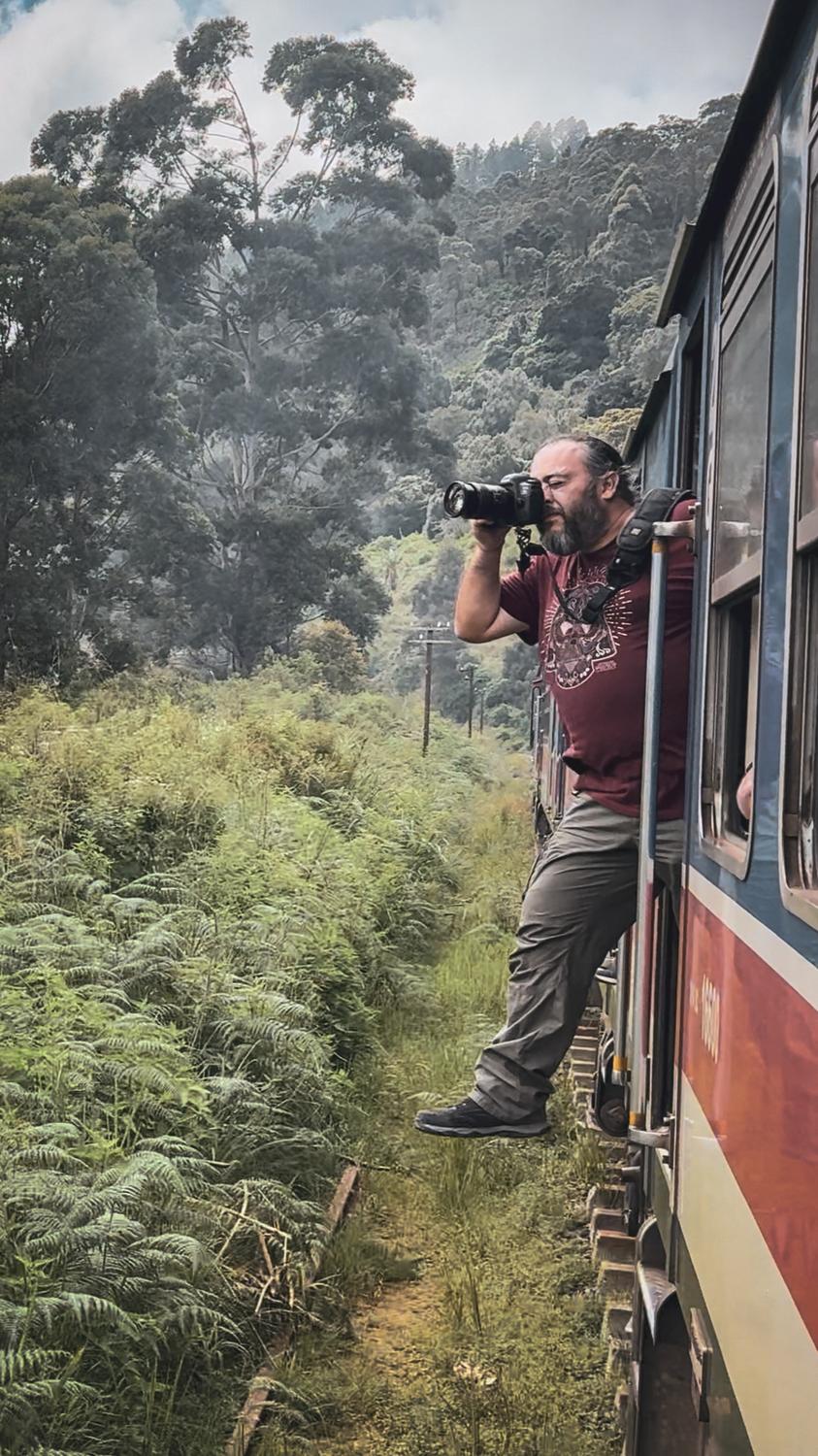 Une personne munie d’une caméra se penche par la fenêtre d’un train rouge et jaune traversant une zone boisée verdoyante et luxuriante. Concentrés sur la capture de la photo parfaite pour leur prochain tirage photographique, les grands arbres et la végétation dense créent la toile de fond idéale.