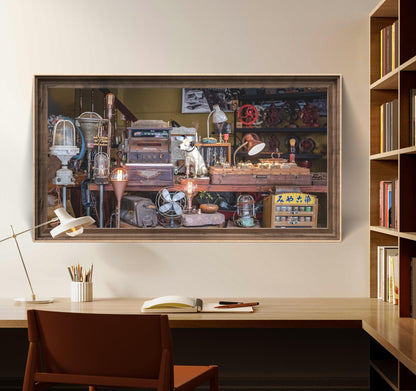 Une chambre moderne avec un bureau minimaliste doté d'un livre, d'une tasse avec des stylos et d'une lampe blanche réglable. Au-dessus du bureau se trouve une image encadrée présentant "La mémoire des objets" (Taïwan) de Fine Art Shots, représentant une collection encombrée d'objets vintage, notamment des ventilateurs, des appareils photo et des lanternes. Les étagères de droite contiennent des livres.